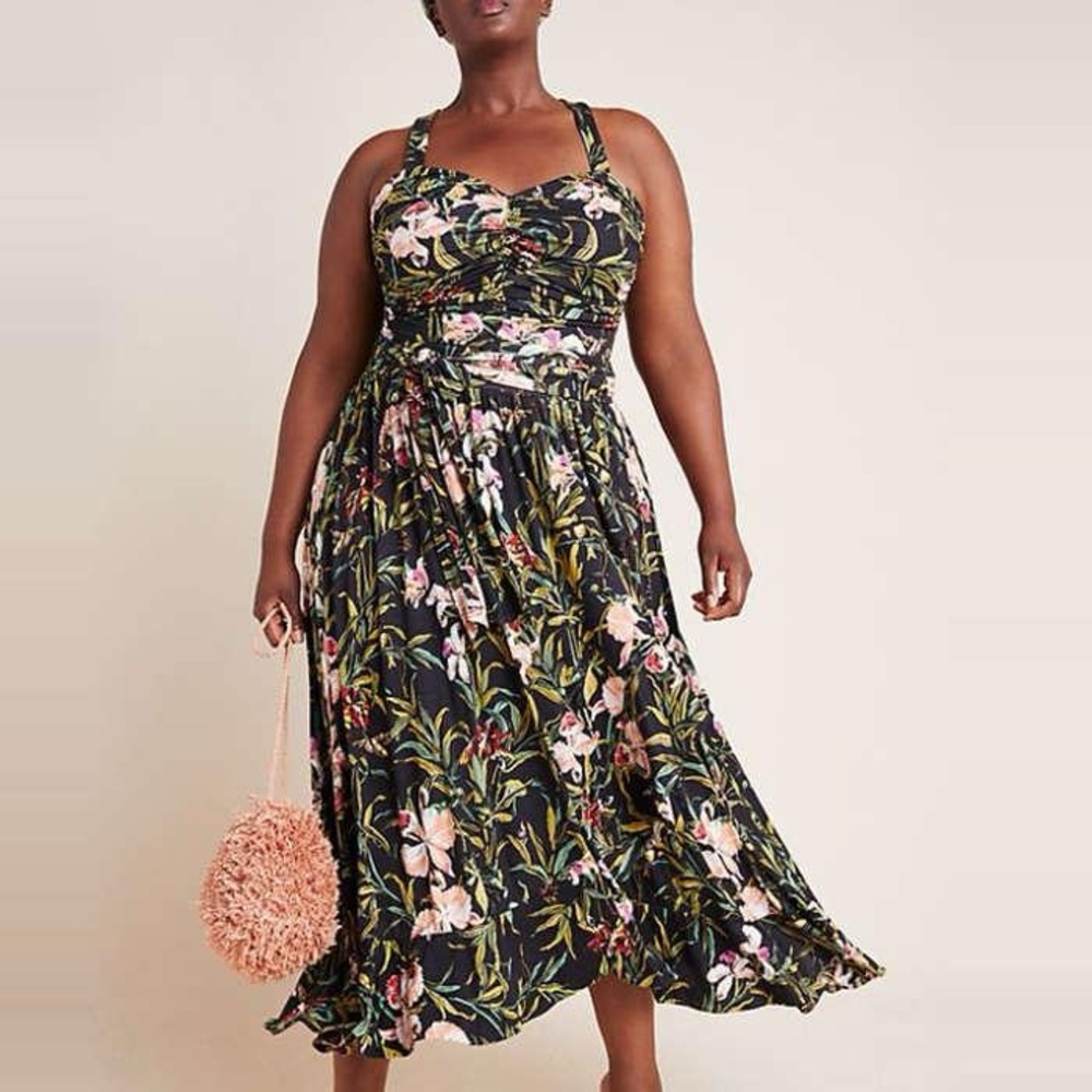 1X Maeve Anthropogie Gabriela Ruffled Maxi Dress in Navy Tropical Floral